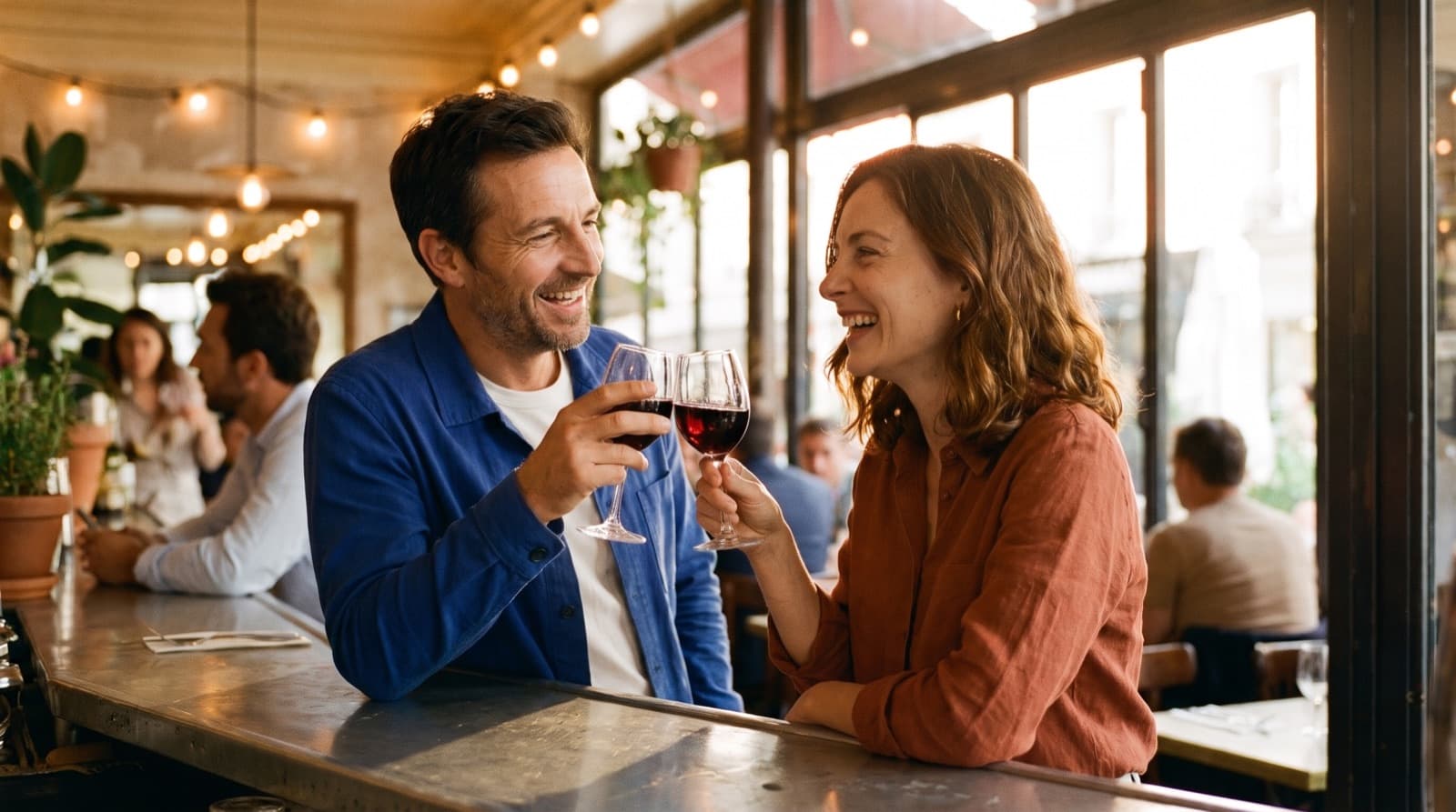 Camille et Thomas trinquent au comptoir, leurs contacts échangés